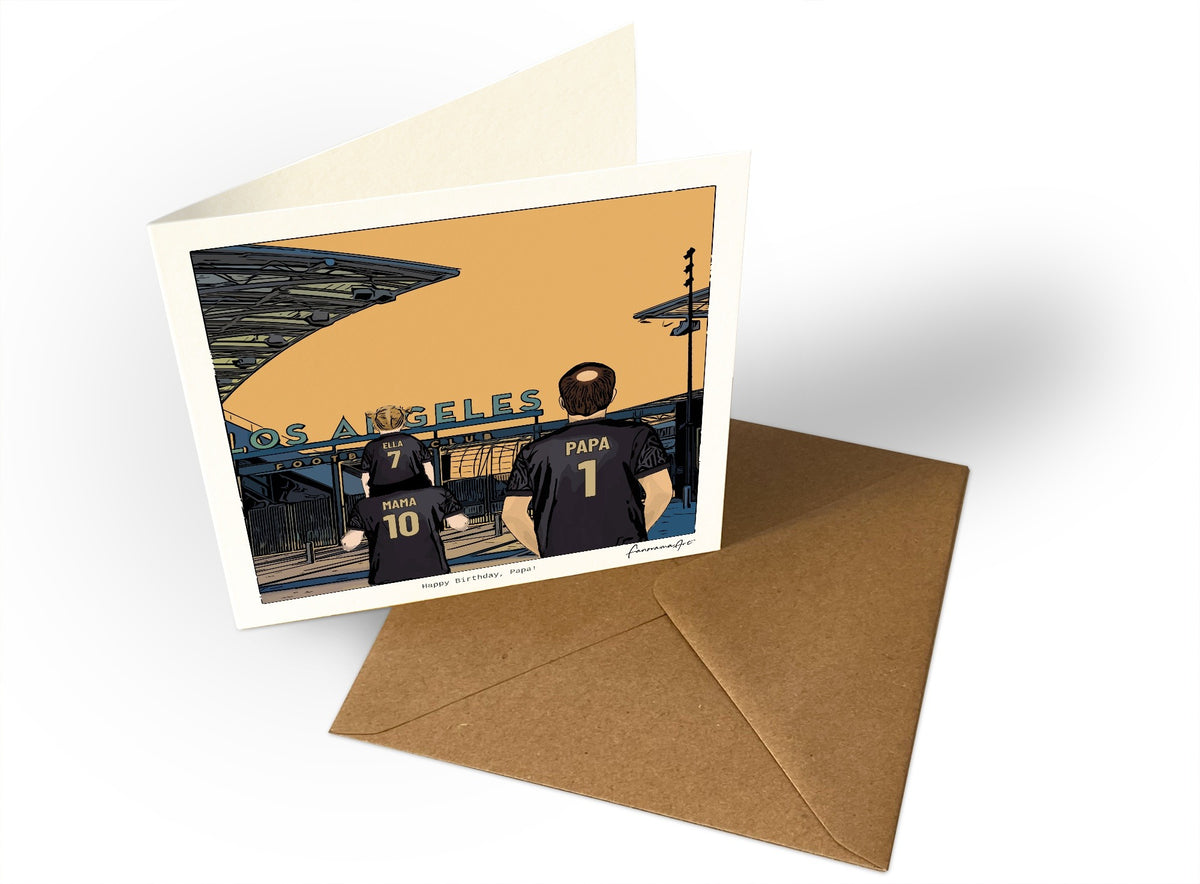 Personalised Los Angeles greeting card with MAMA, PAPA, Square Greeting Card at BMO Stadium.