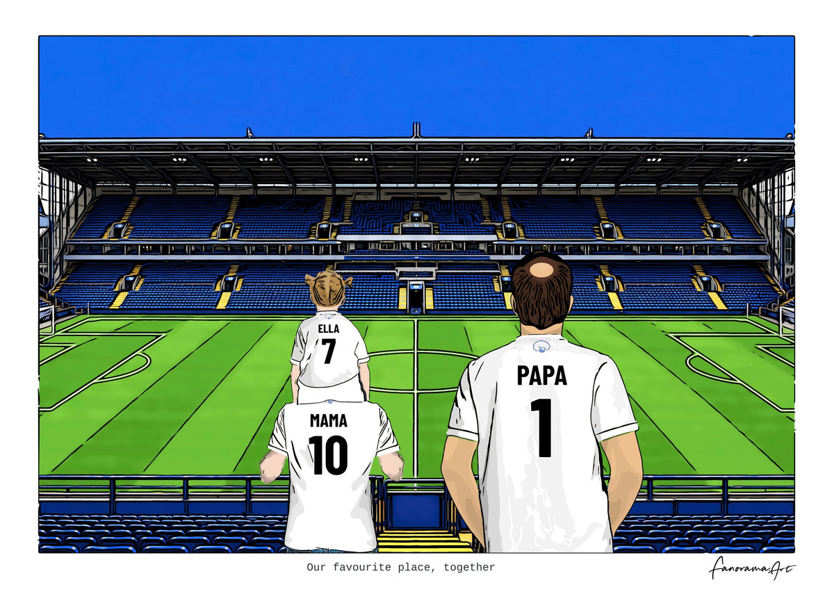 Personalised Leeds United digital artwork with MAMA, PAPA, pitch side at Elland Road.