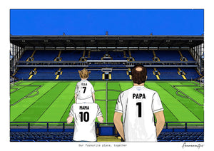 Personalised Leeds United digital artwork with MAMA, PAPA, pitch side at Elland Road.