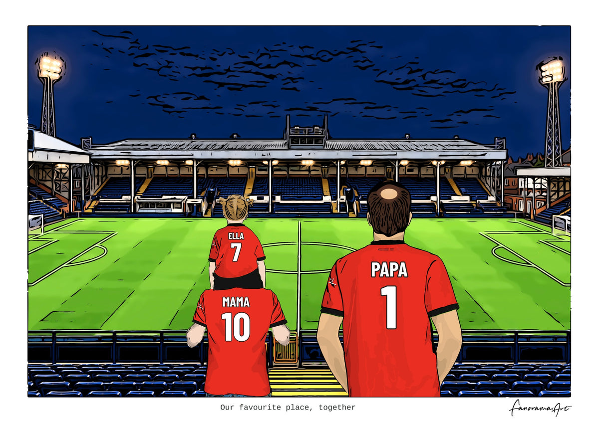 Personalised Luton Town digital artwork with MAMA, PAPA, pitch side at night at Kenilworth Road.