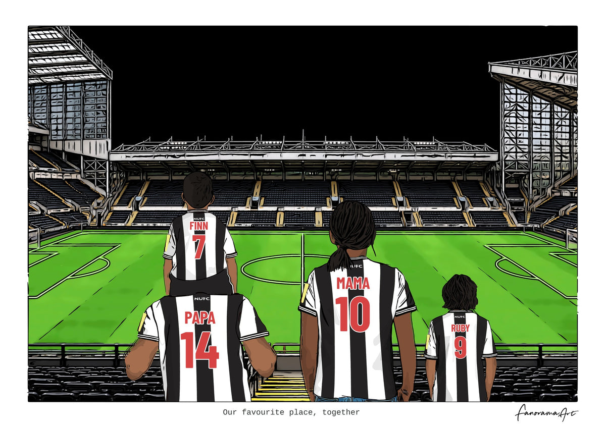 Personalised Newcastle United digital artwork with PAPA, MAMA, RUBY, pitch side at St James’ Park.