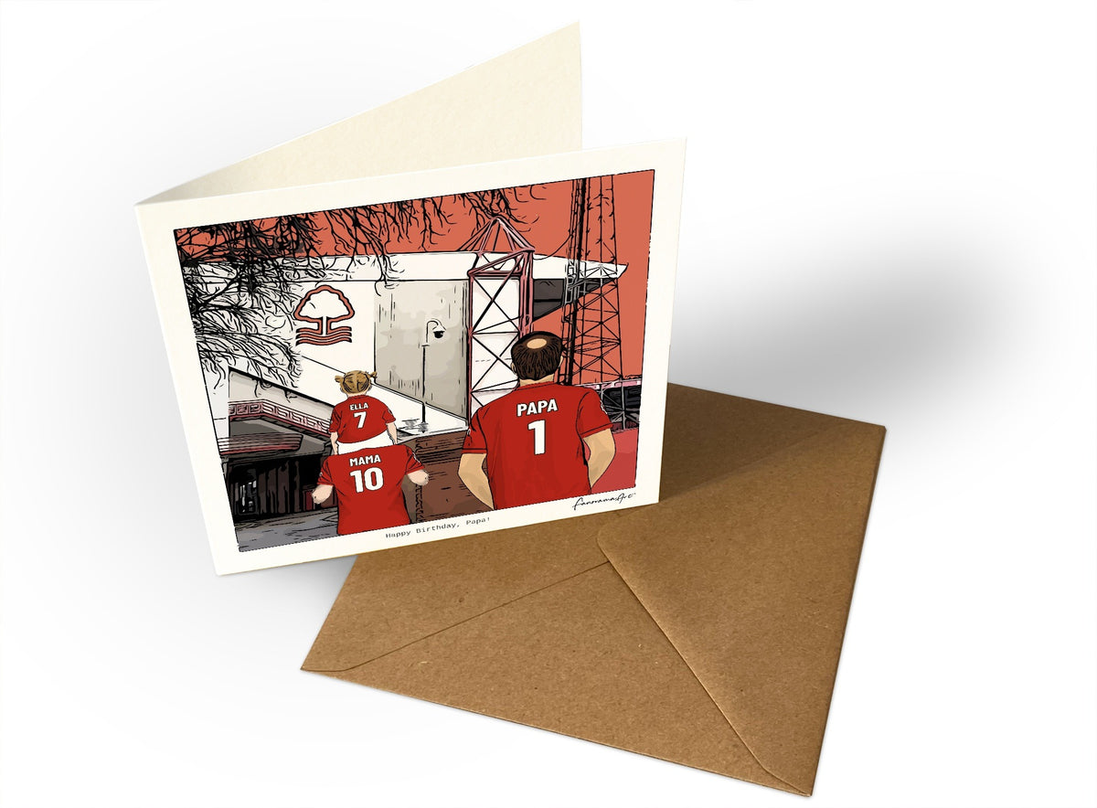 Personalised Nottingham Forest greeting card with MAMA, PAPA, Square Greeting Card at The City Ground.