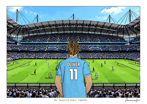 Personalised Manchester City digital artwork with OLIVER, in game at Etihad Stadium.