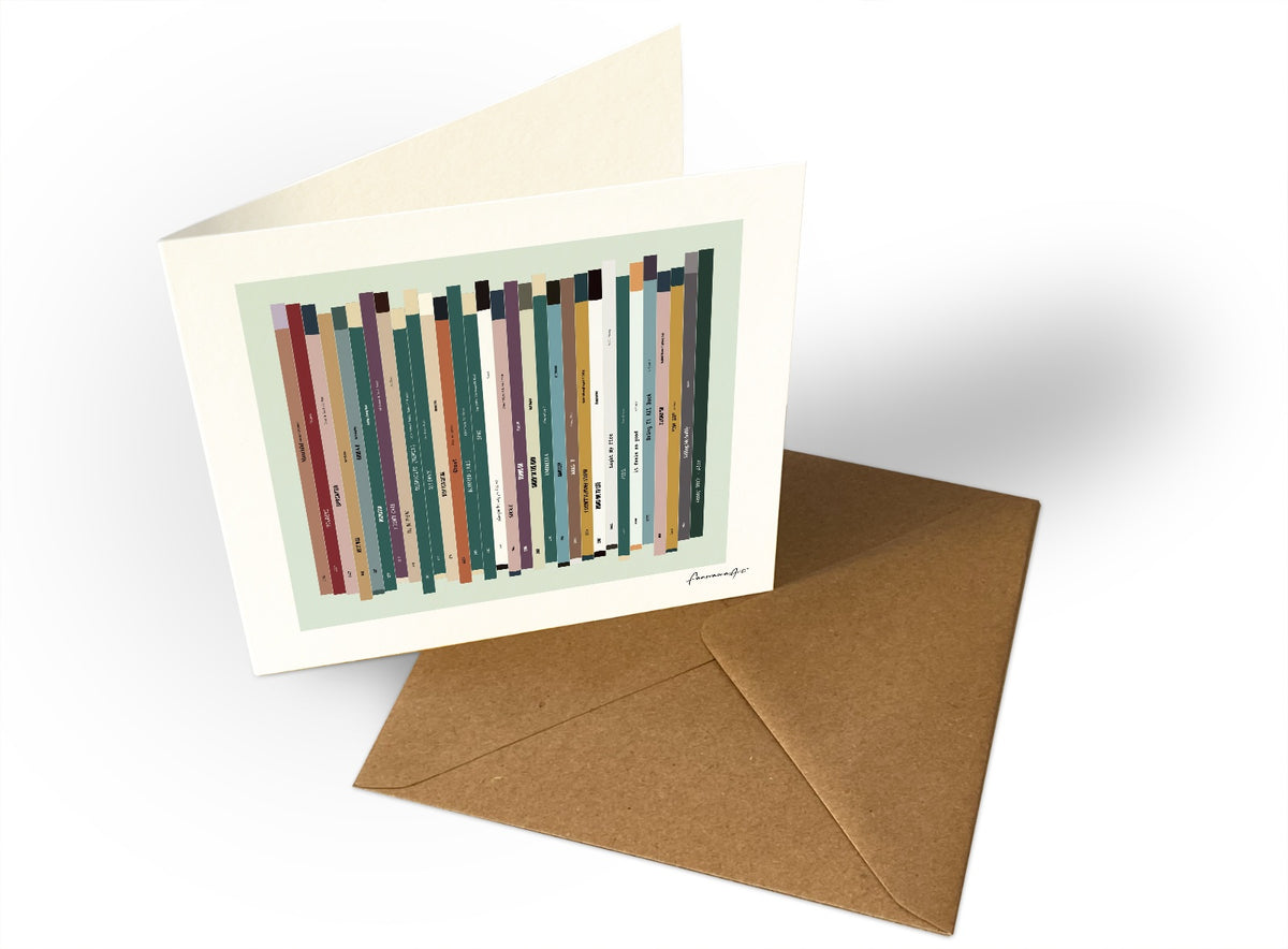 Personalised 30th birthday music card, born in 1996, shown as square greeting card with 30 colourful song spines and a birthday message.