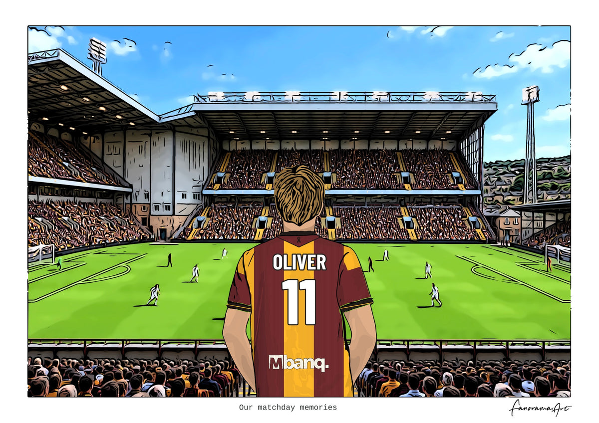 Personalised Bradford City digital artwork with OLIVER, in game at Valley Parade.