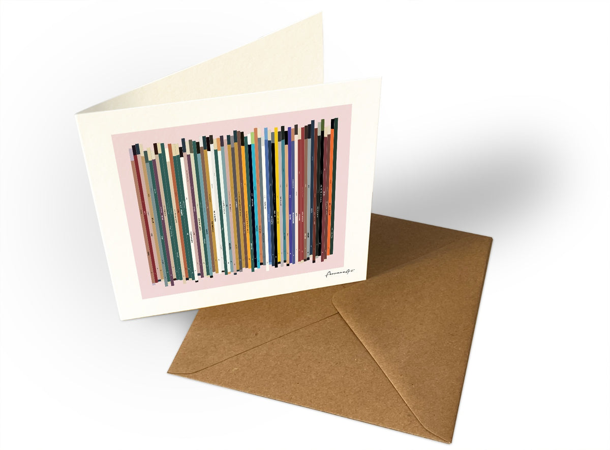 Personalised 60th birthday music card, born in 1966, shown as square greeting card with 60 colourful song spines and a birthday message.