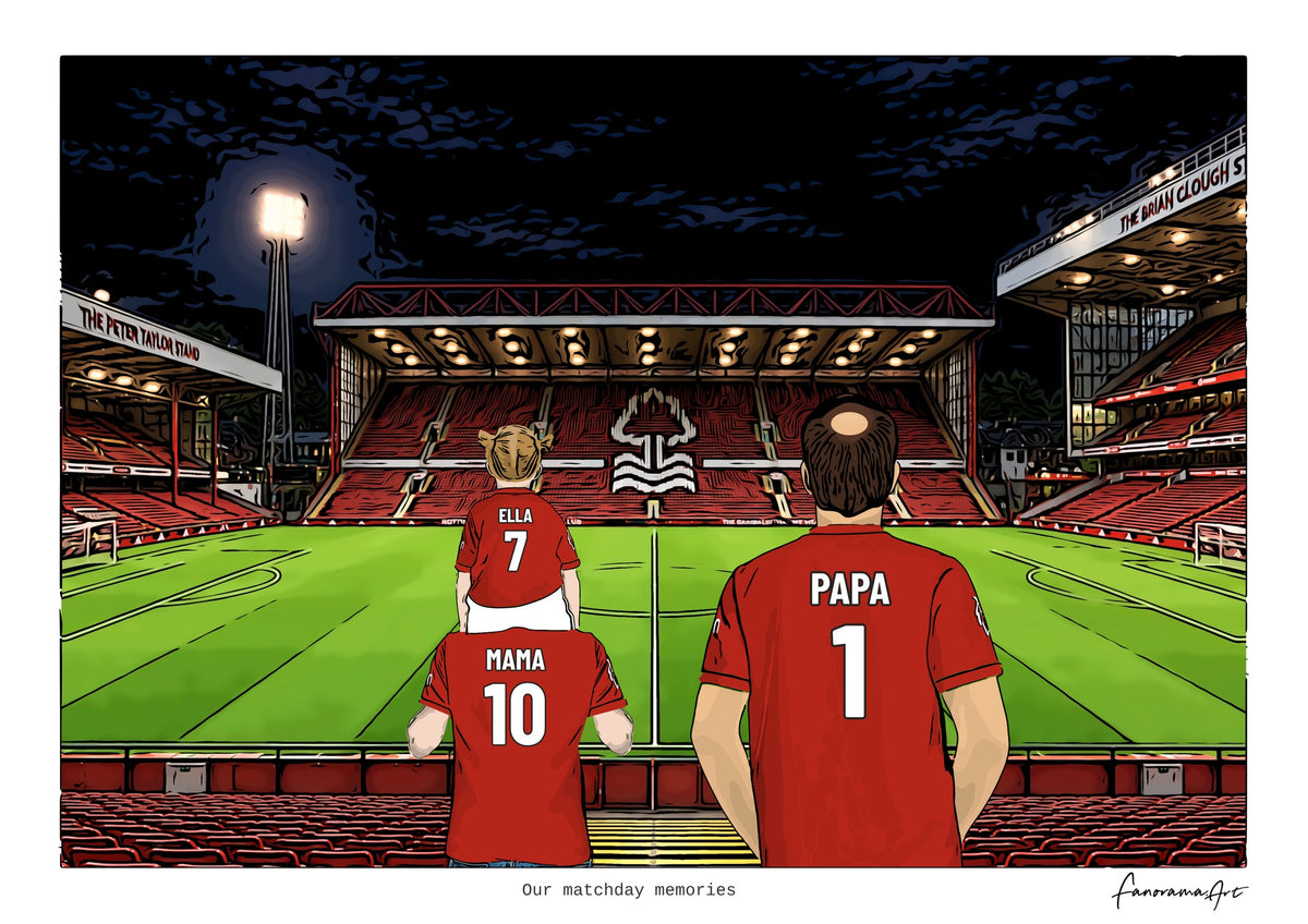 Personalised Nottingham Forest digital artwork with MAMA, PAPA, pitch side at night at The City Ground.