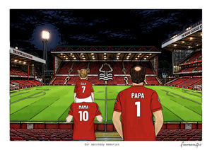 Personalised Nottingham Forest digital artwork with MAMA, PAPA, pitch side at night at The City Ground.