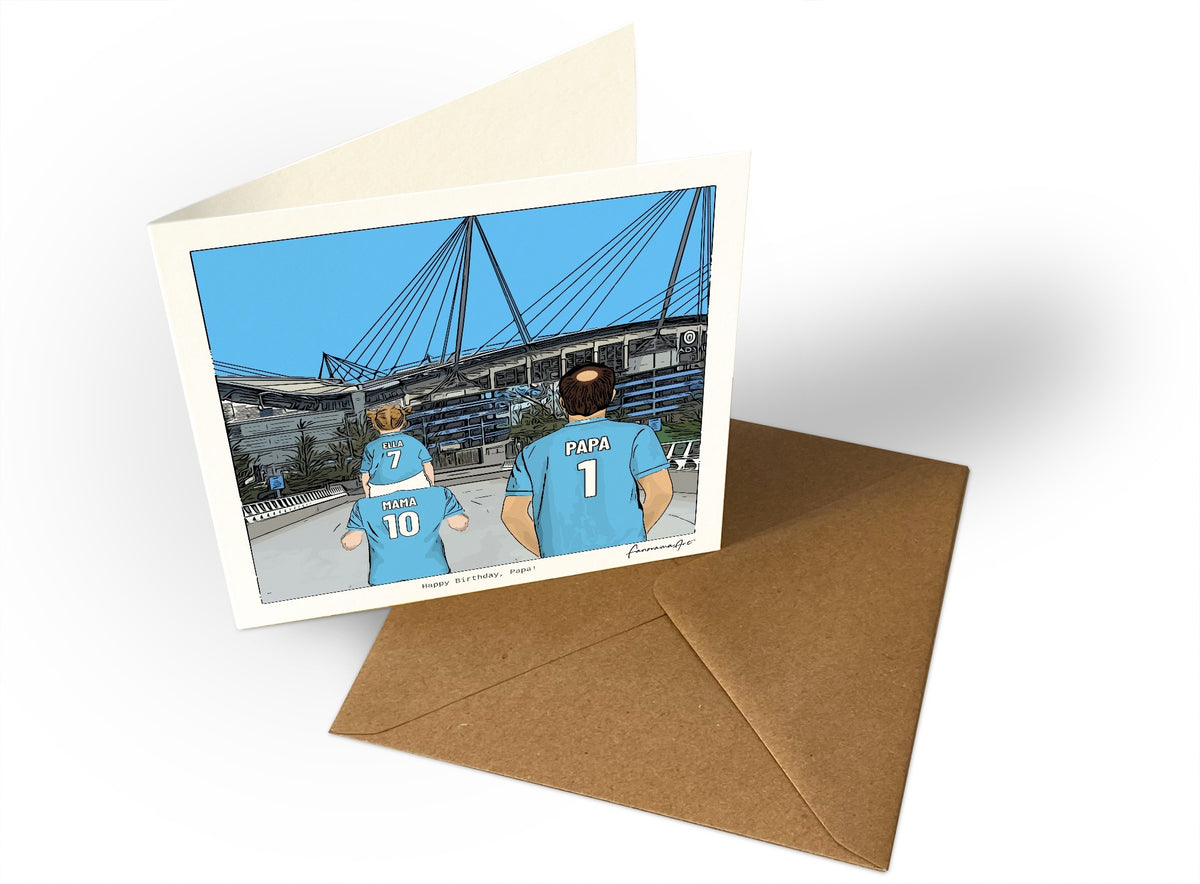 Personalised Manchester City greeting card with MAMA, PAPA, Square Greeting Card at Etihad Stadium.