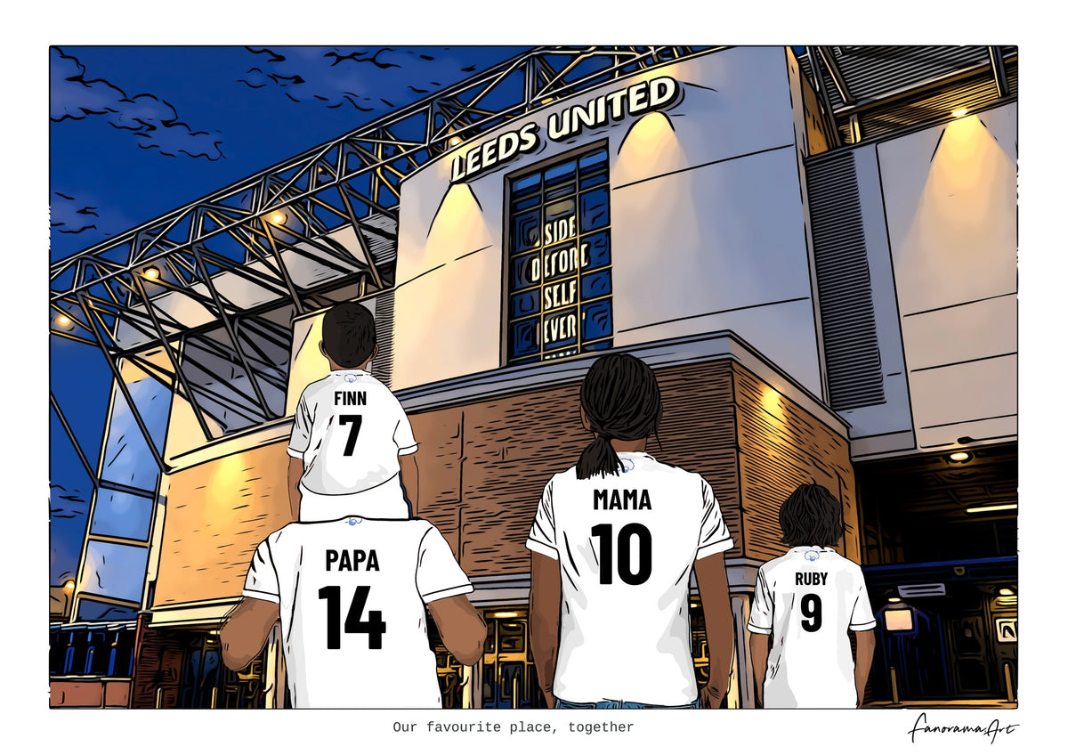 Personalised Leeds United digital artwork with PAPA, MAMA, RUBY, stadium at night at Elland Road.