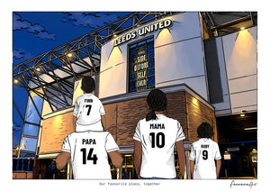 Personalised Leeds United digital artwork with PAPA, MAMA, RUBY, stadium at night at Elland Road.