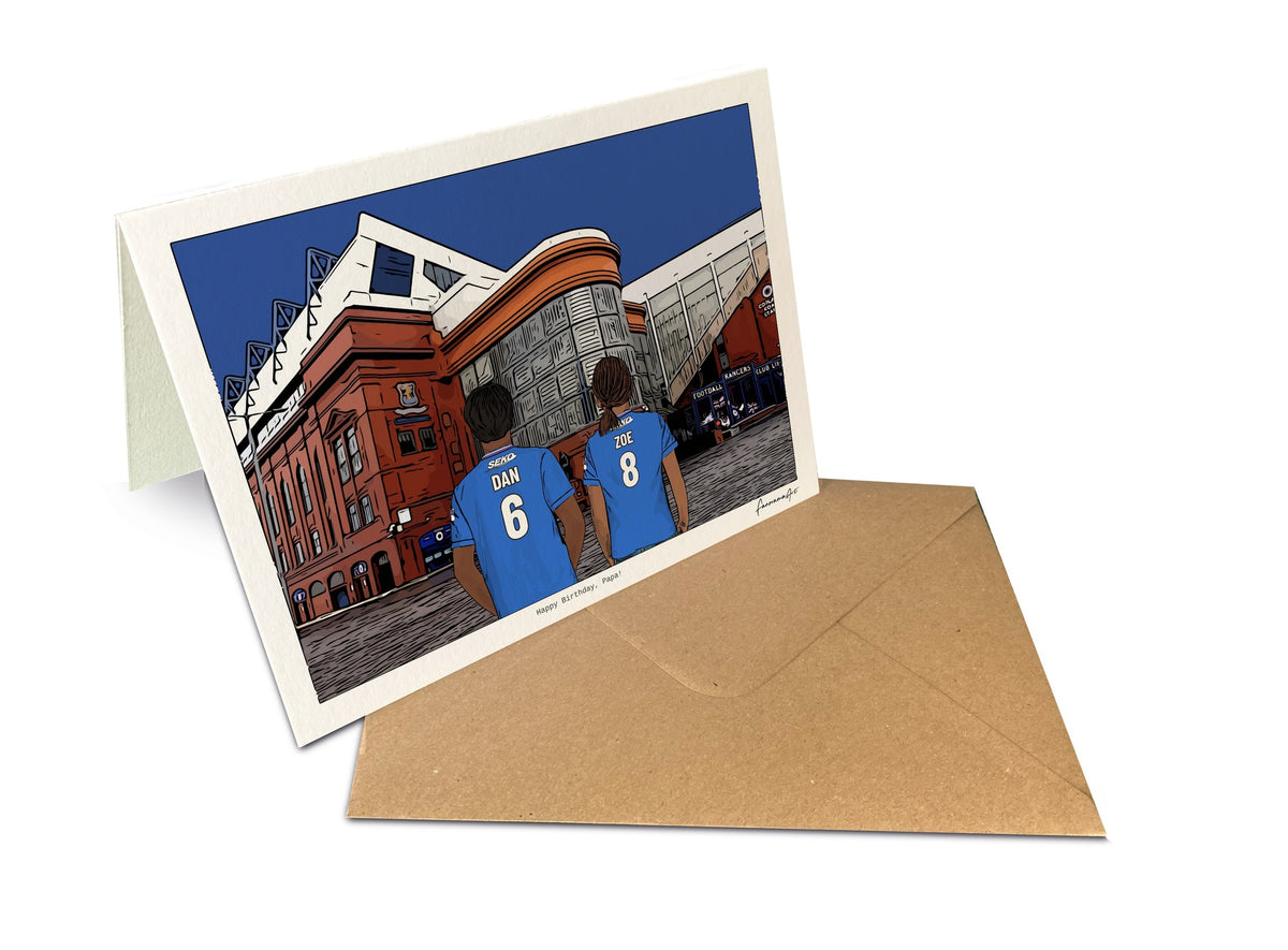 Personalised Rangers greeting card with DAN, ZOE, 7x5" Greeting Card at Ibrox Stadium.