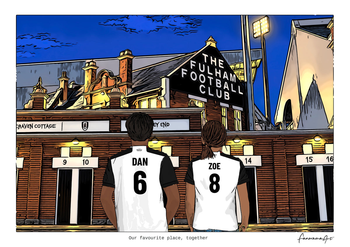 Personalised Fulham digital artwork with DAN, ZOE, stadium at night at Craven Cottage.