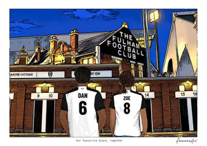 Personalised Fulham digital artwork with DAN, ZOE, stadium at night at Craven Cottage.