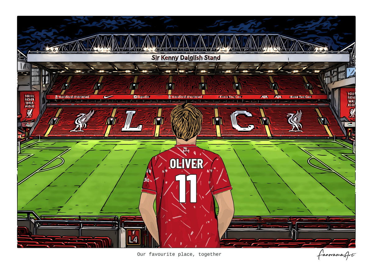 Personalised Liverpool digital artwork with OLIVER, pitch side at night at Anfield.
