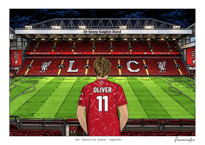 Personalised Liverpool digital artwork with OLIVER, pitch side at night at Anfield.