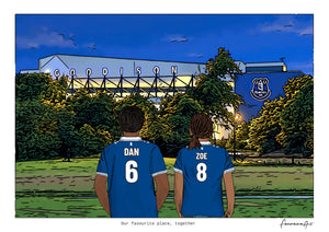 Personalised Everton digital artwork with DAN, ZOE, stadium at night at Goodison Park.