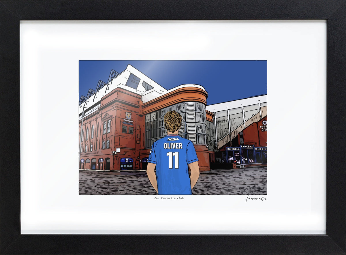 Personalised Rangers print with OLIVER, Bordered Print & Frame at Ibrox Stadium.