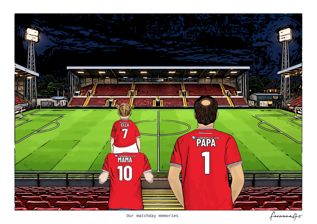 Personalised Wrexham digital artwork with MAMA, PAPA, pitch side at night at Racecourse Ground.