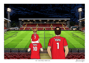 Personalised Wrexham digital artwork with MAMA, PAPA, pitch side at night at Racecourse Ground.
