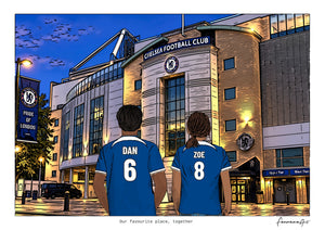 Personalised Chelsea digital artwork with DAN, ZOE, stadium at night at Stamford Bridge.