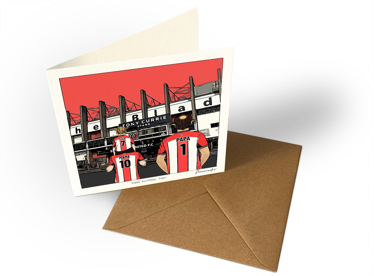 Personalised Sheffield United greeting card with MAMA, PAPA, Square Greeting Card at Bramall Lane.