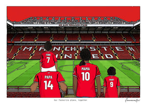 Personalised Manchester United digital artwork with PAPA, MAMA, RUBY, pitch side at Old Trafford.