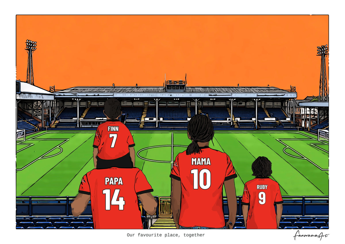 Personalised Luton Town digital artwork with PAPA, MAMA, RUBY, pitch side at Kenilworth Road.