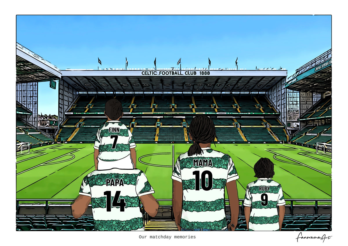 Personalised Celtic digital artwork with PAPA, MAMA, RUBY, pitch side at Celtic Park.