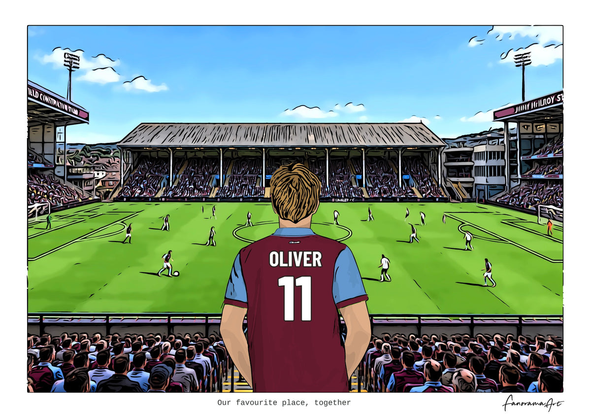 Personalised Burnley digital artwork with OLIVER, in game at Turf Moor.