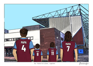 Personalised Burnley digital artwork with PAPA, HUGO, LILY, MAMA, burnley turf moor at Turf Moor.