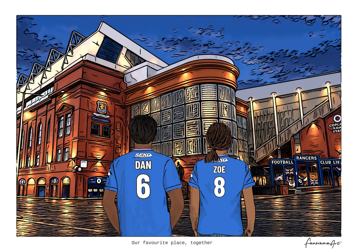 Personalised Rangers digital artwork with DAN, ZOE, stadium at night at Ibrox Stadium.