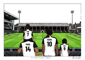 Personalised Fulham digital artwork with PAPA, MAMA, RUBY, pitch side at Craven Cottage.