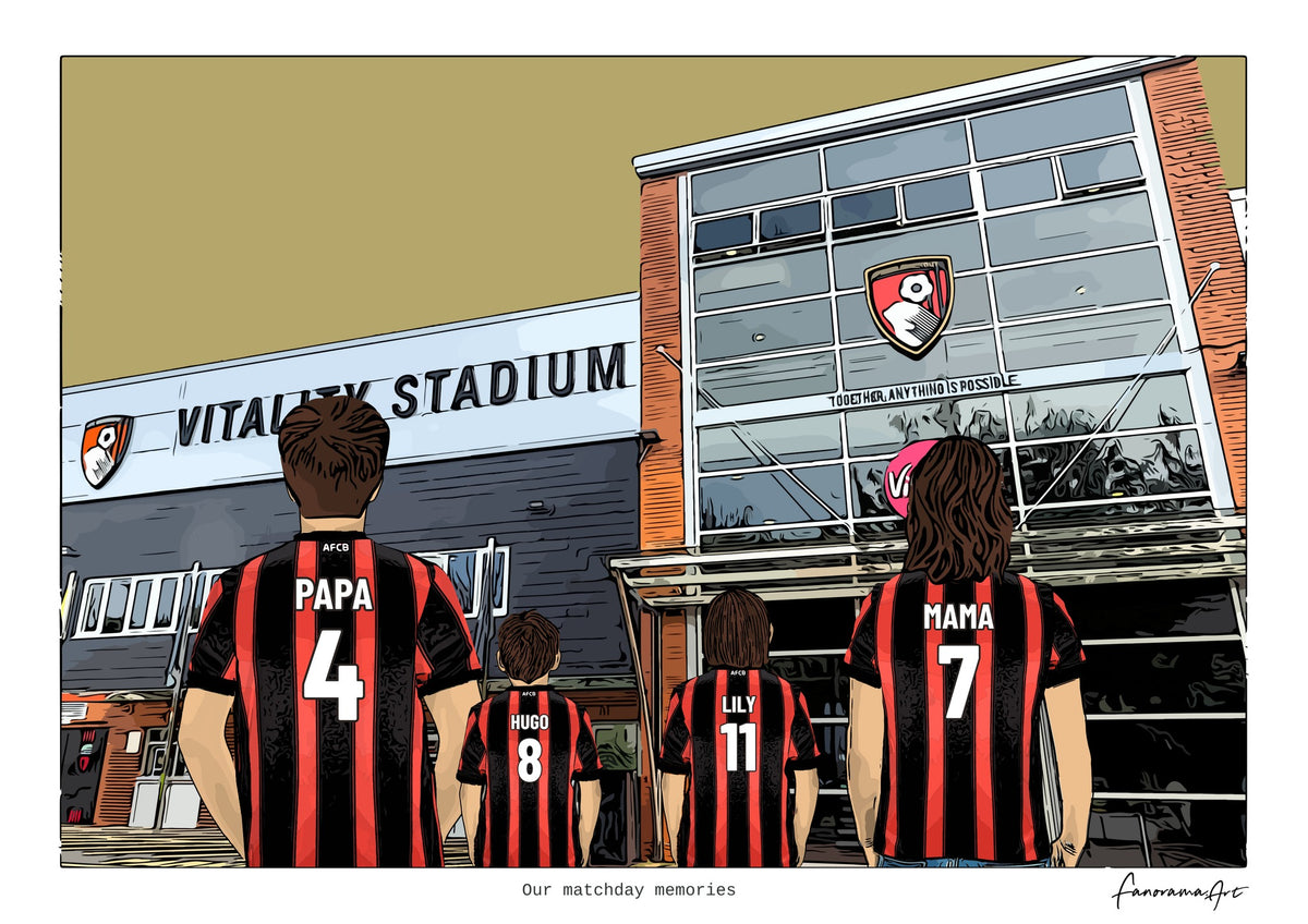 Personalised Bournemouth digital artwork with PAPA, HUGO, LILY, MAMA, bournemouth vitality stadium at Vitality Stadium.