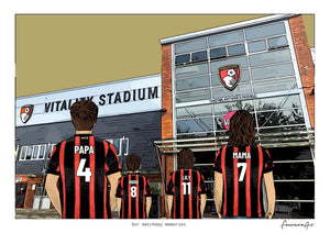 Personalised Bournemouth digital artwork with PAPA, HUGO, LILY, MAMA, bournemouth vitality stadium at Vitality Stadium.