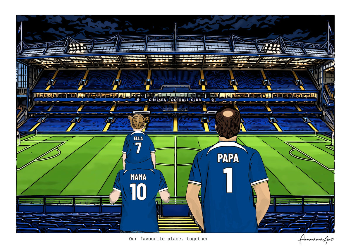 Personalised Chelsea digital artwork with MAMA, PAPA, pitch side at night at Stamford Bridge.