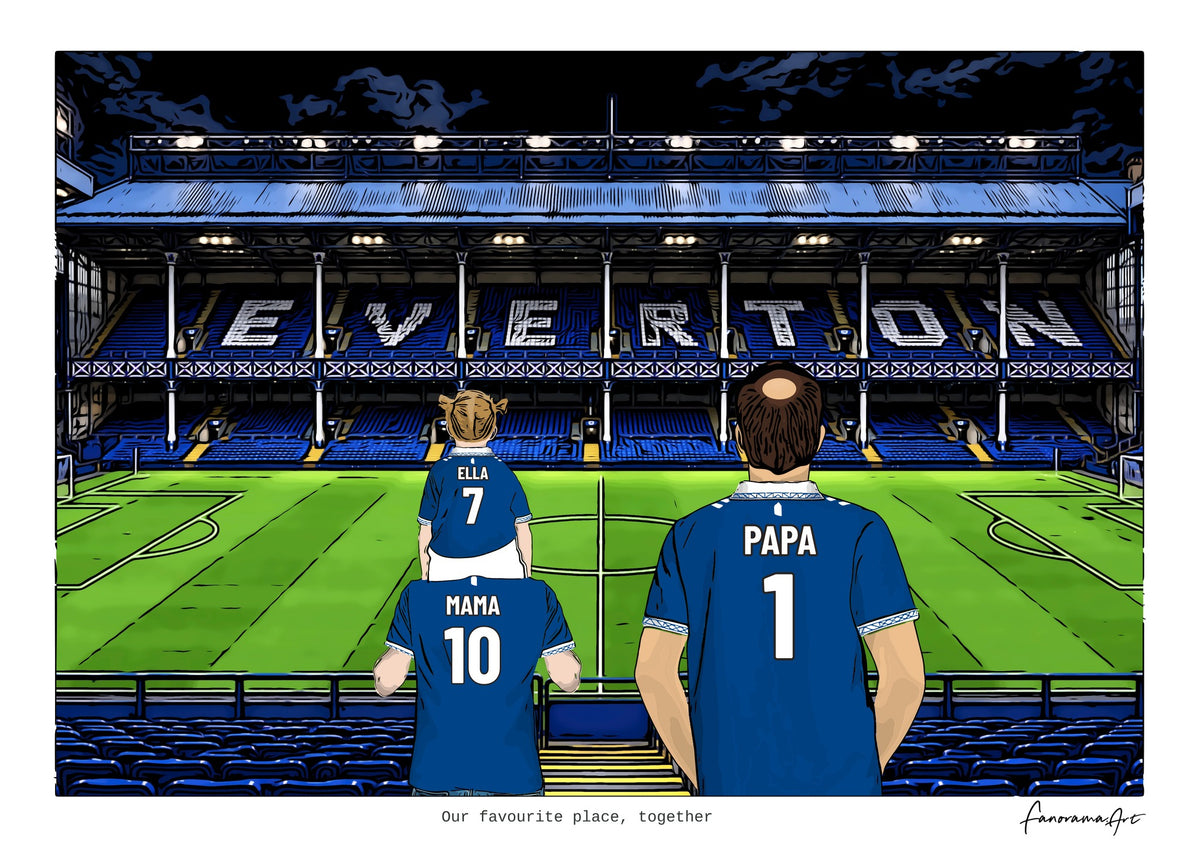 Personalised Everton digital artwork with MAMA, PAPA, pitch side at night at Goodison Park.