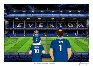 Personalised Everton digital artwork with MAMA, PAPA, pitch side at night at Goodison Park.
