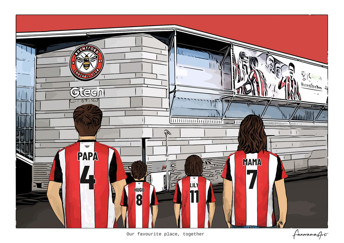 Personalised Brentford digital artwork with PAPA, HUGO, LILY, MAMA, brentford gtech community stadium at Gtech Community Stadium.