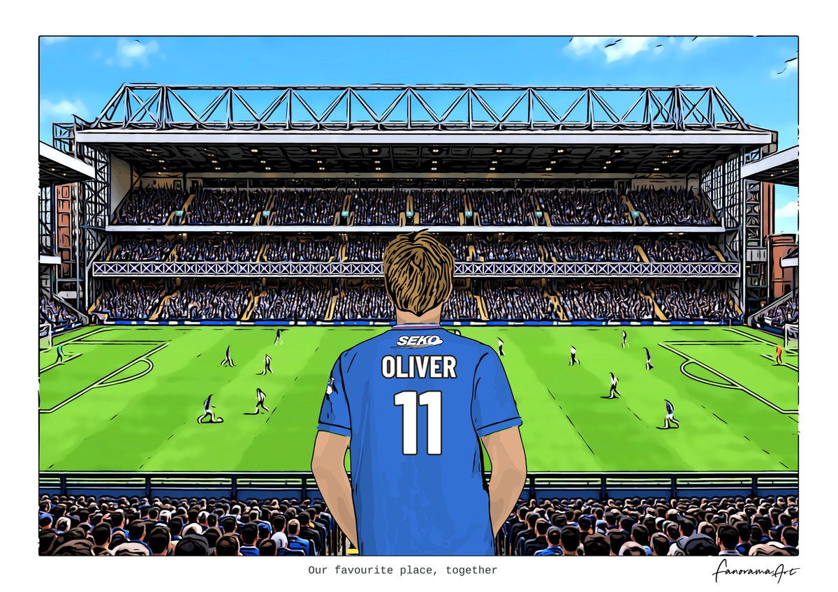 Personalised Rangers digital artwork with OLIVER, in game at Ibrox Stadium.