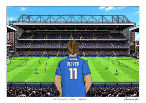 Personalised Rangers digital artwork with OLIVER, in game at Ibrox Stadium.