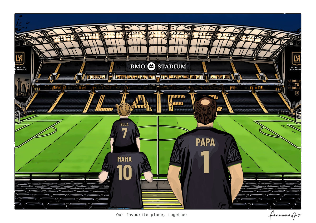 Personalised Los Angeles digital artwork with MAMA, PAPA, pitch side at night at BMO Stadium.