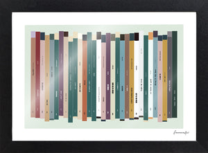 Personalised 30th birthday number one music print, born in 1996, shown as print & frame with 30 colourful song spines and a birthday message.