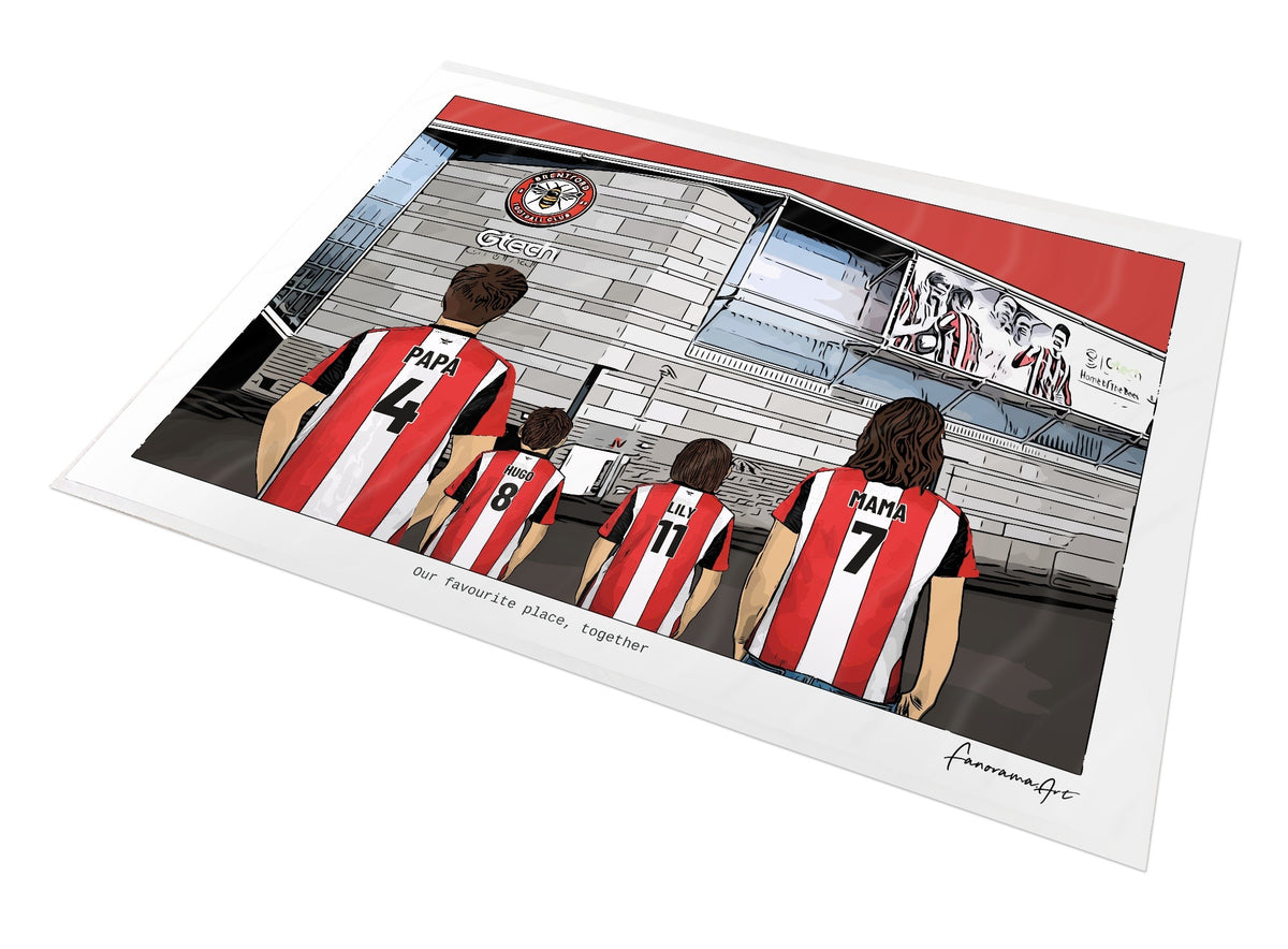 Personalised Brentford print with PAPA, HUGO, LILY, MAMA, Print at Gtech Community Stadium.