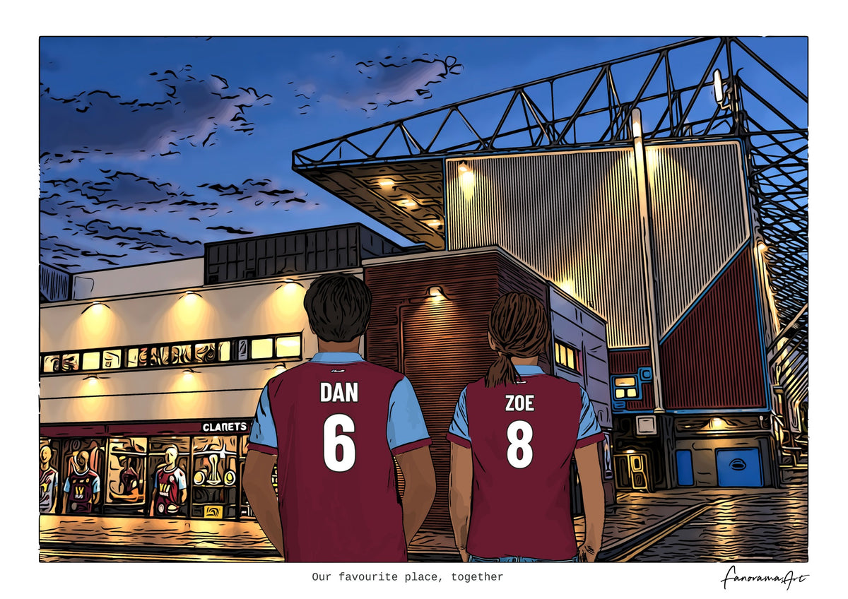 Personalised Burnley digital artwork with DAN, ZOE, stadium at night at Turf Moor.
