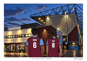 Personalised Burnley digital artwork with DAN, ZOE, stadium at night at Turf Moor.