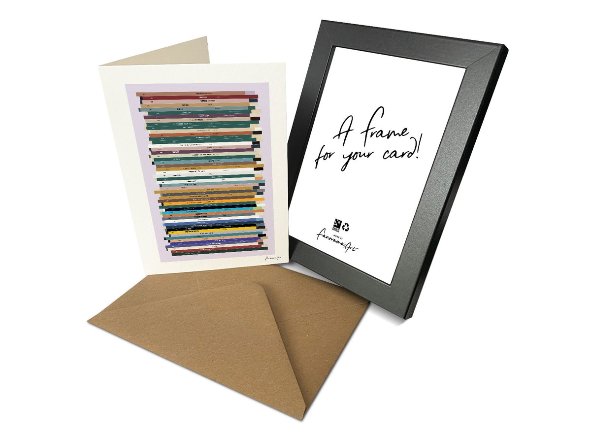 Personalised 50th birthday music card, born in 1976, shown as card portrait and frame with 50 colourful song spines and a birthday message.