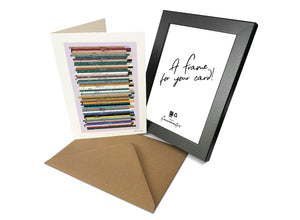 Personalised 50th birthday music card, born in 1976, shown as card portrait and frame with 50 colourful song spines and a birthday message.