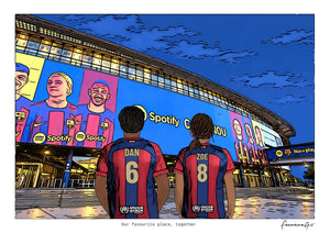 Personalised Barcelona digital artwork with DAN, ZOE, stadium at night at Spotify Camp Nou.