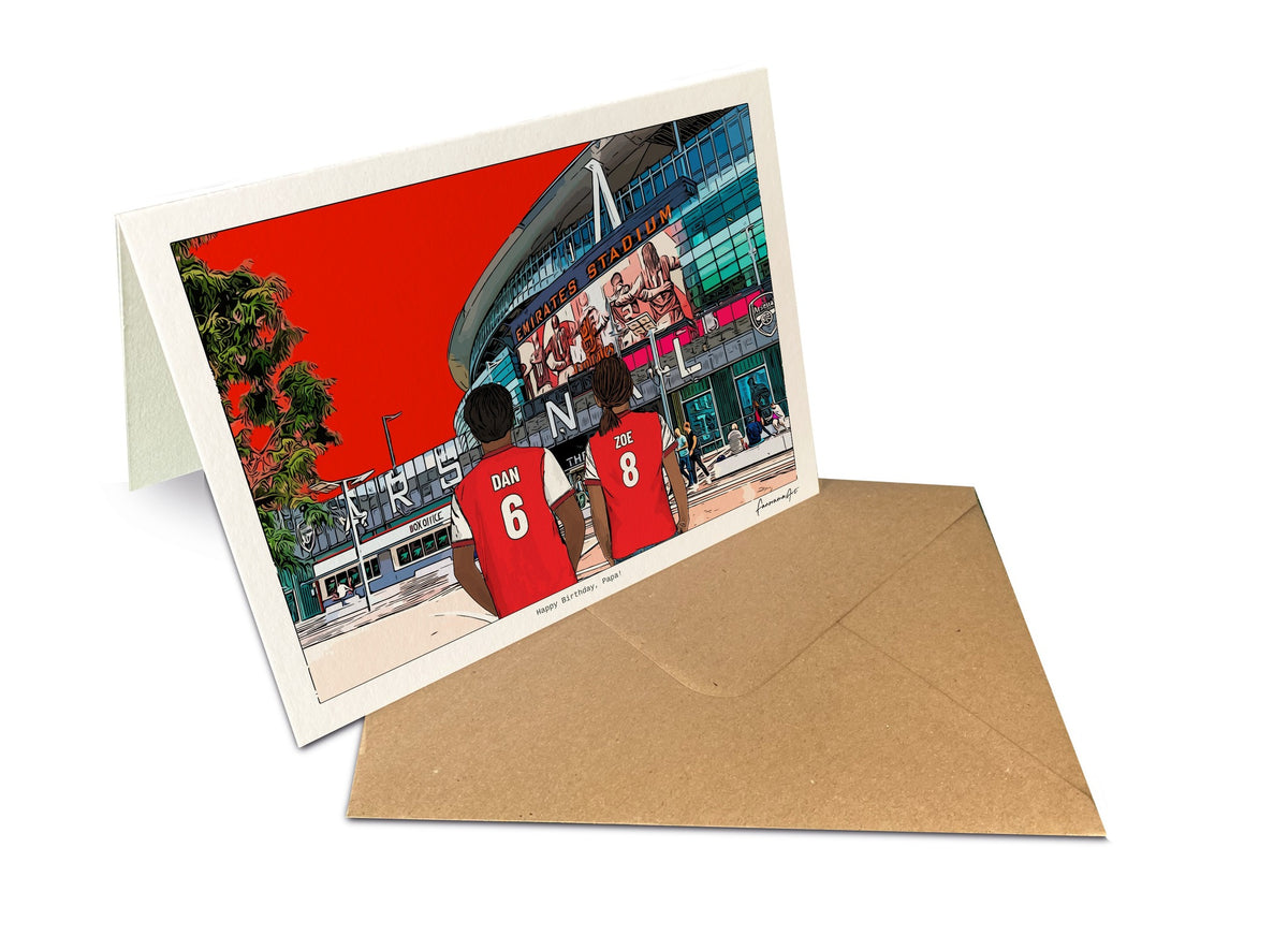 7x5-inch Arsenal birthday card with Dan and Zoe at the Emirates Stadium and a kraft envelope.